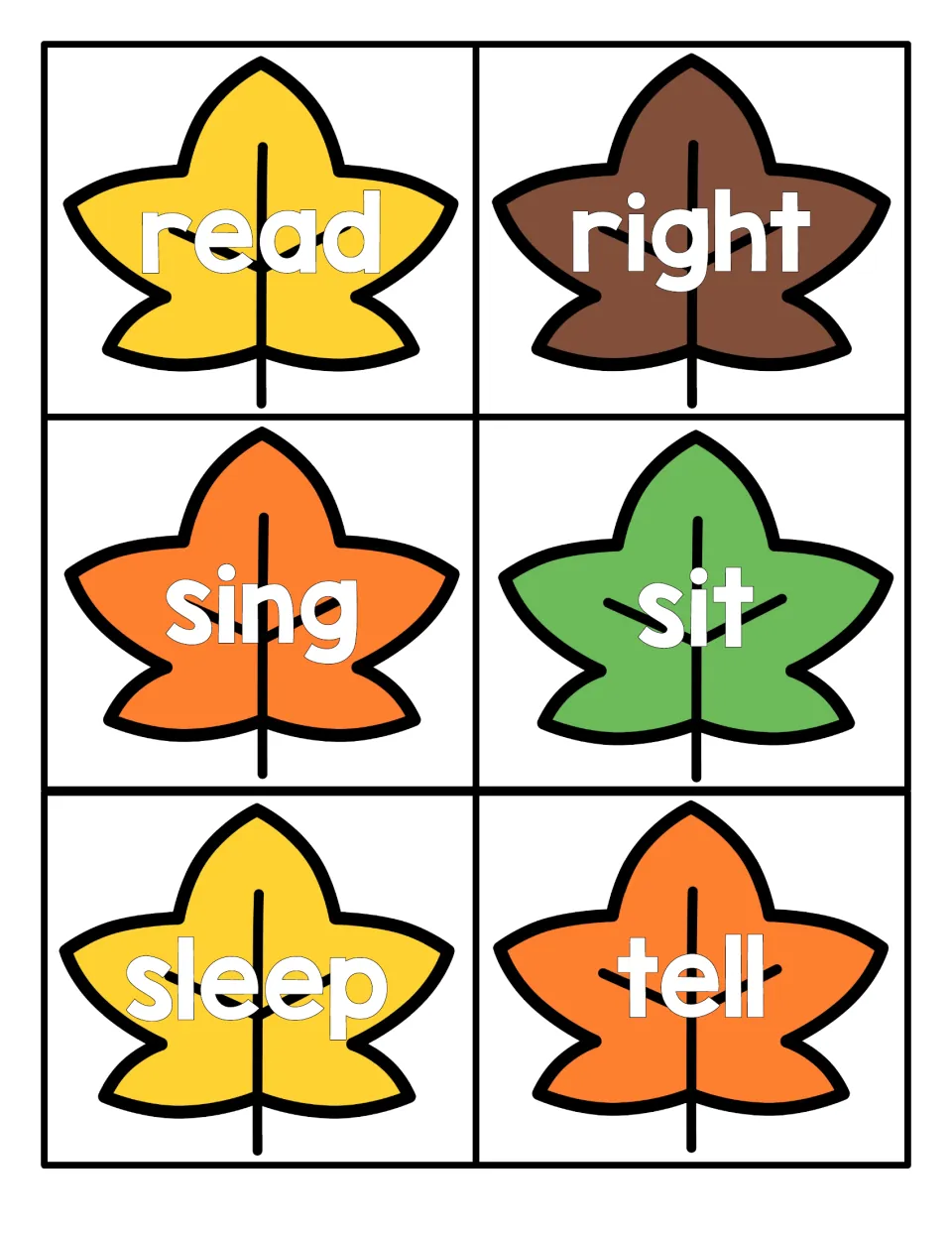 Fall word cards for quick reading practice: read, right, sing, sit, sleep and tell shown on six colorful maple-style leaves