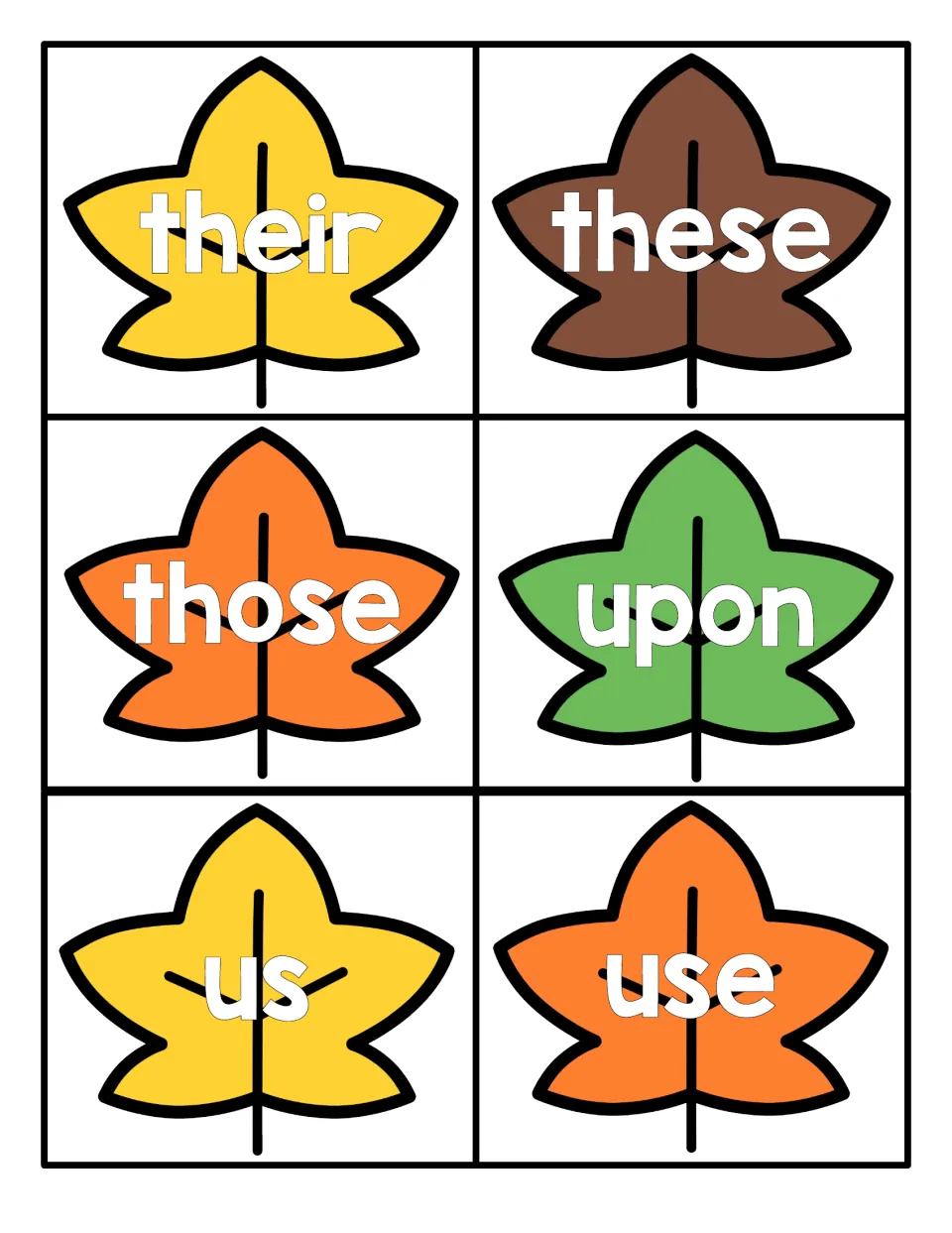 Leaf cards for practising sight words their, these, those, upon, us and use, one high-frequency word per fall leaf