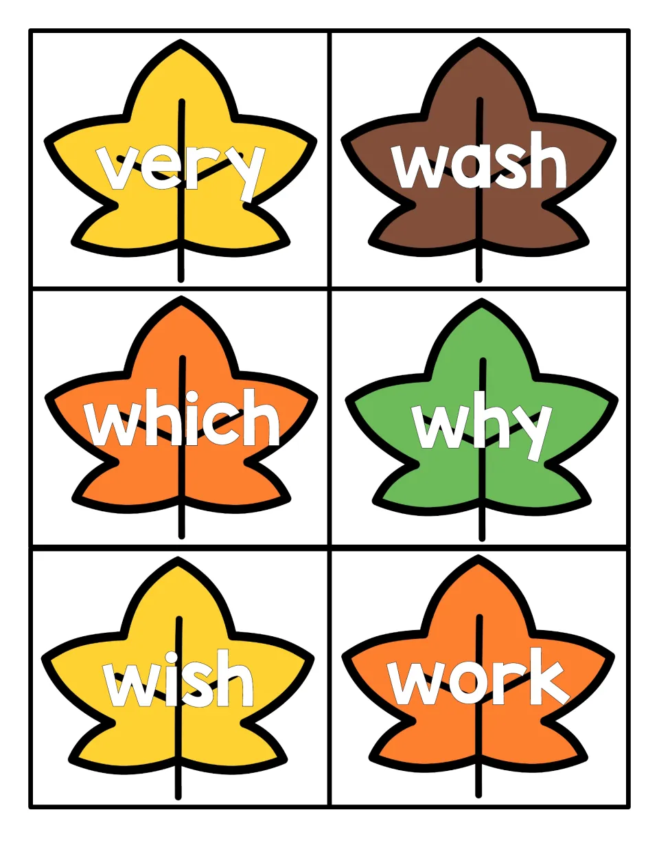 Autumn leaf flashcards with sight words very, wash, which, why, wish and work for students to read aloud and recognize