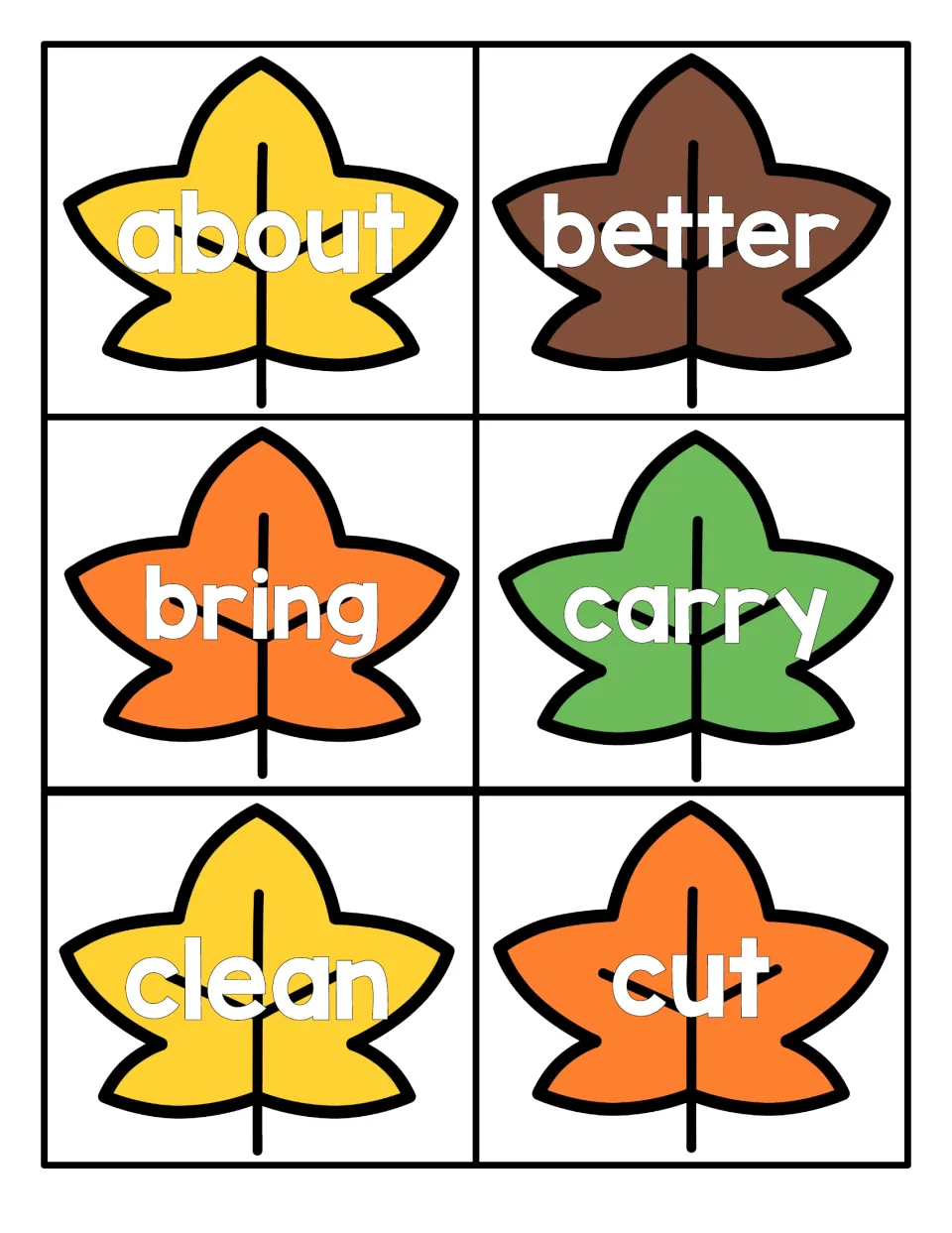 Sight word cards on fall leaves: about, better, bring, carry, clean and cut, six colored maple leaf cards to cut apart