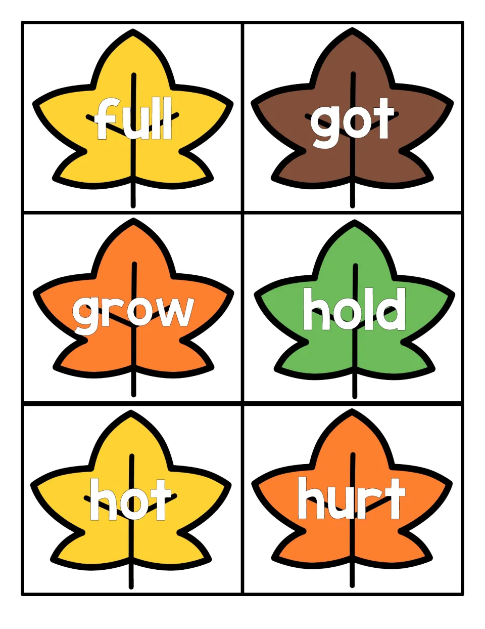Leaf word cards for sight word reading: full, got, grow, hold, hot and hurt on yellow, brown, orange and green leaves