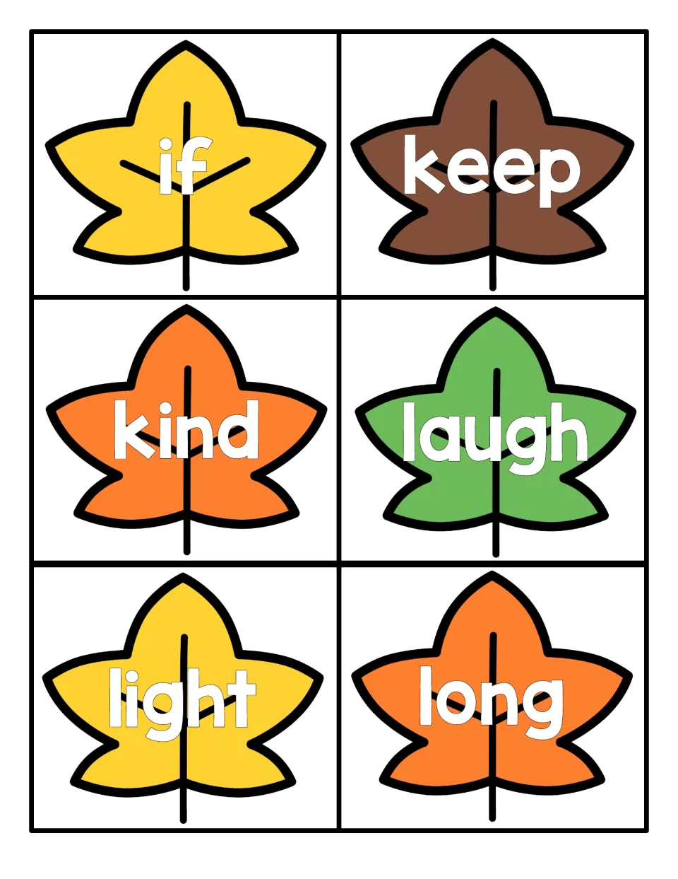 Autumn leaf sight word flashcards: if, keep, kind, laugh, light and long, one word per leaf for students to read aloud