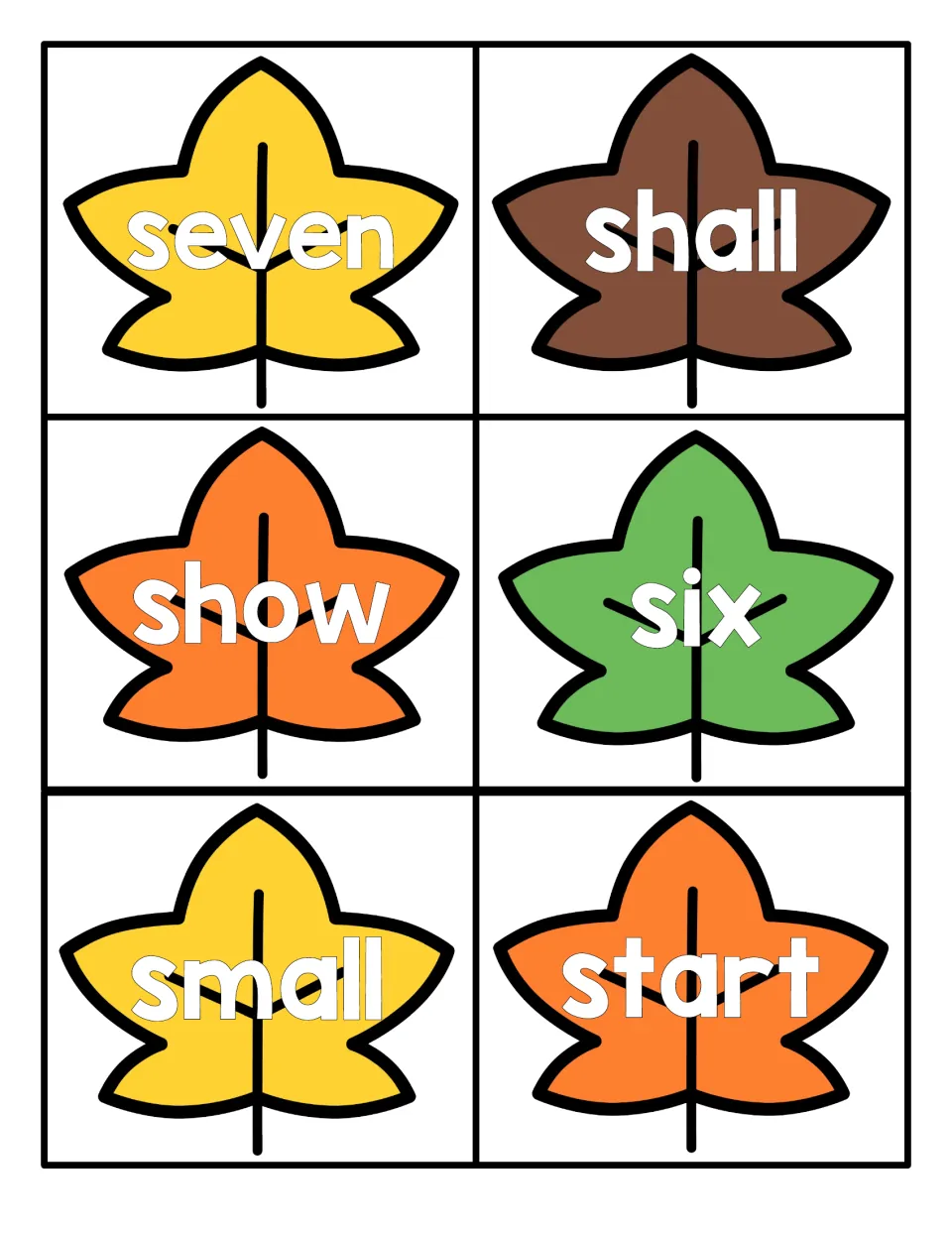 Number words and more on leaf flashcards: seven, shall, show, six, small and start for sight word reading practice