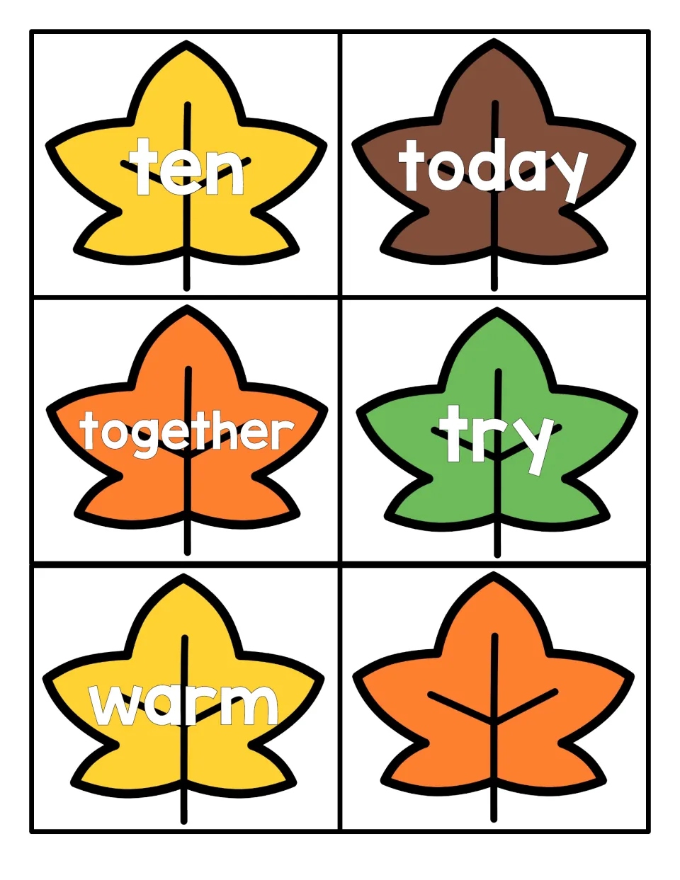 Final sight word leaf cards: ten, today, together, try and warm, plus one blank orange leaf card for adding a word