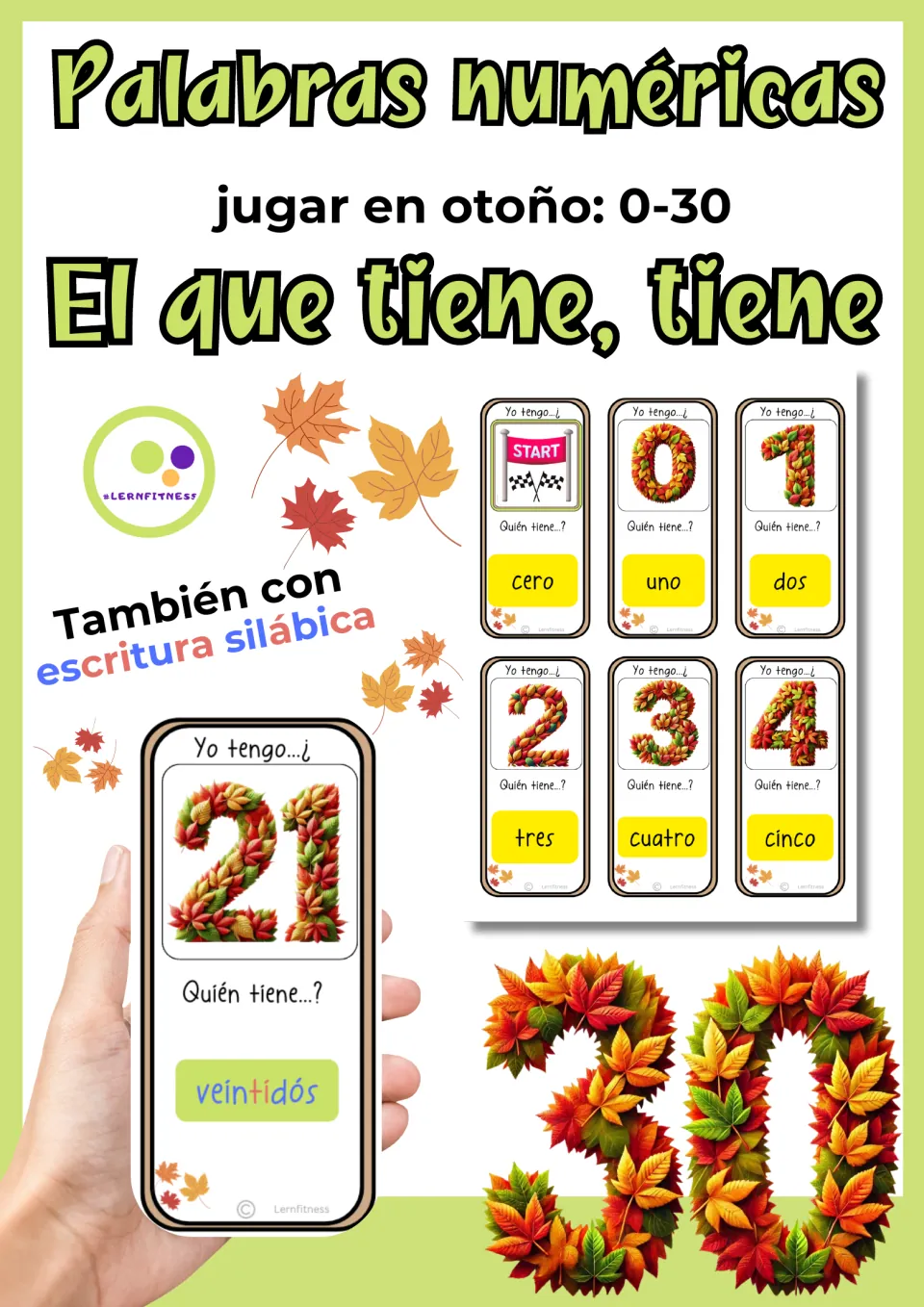 Cover of the Spanish number game for 0–30, showing sample cards and a version with syllable-colored words