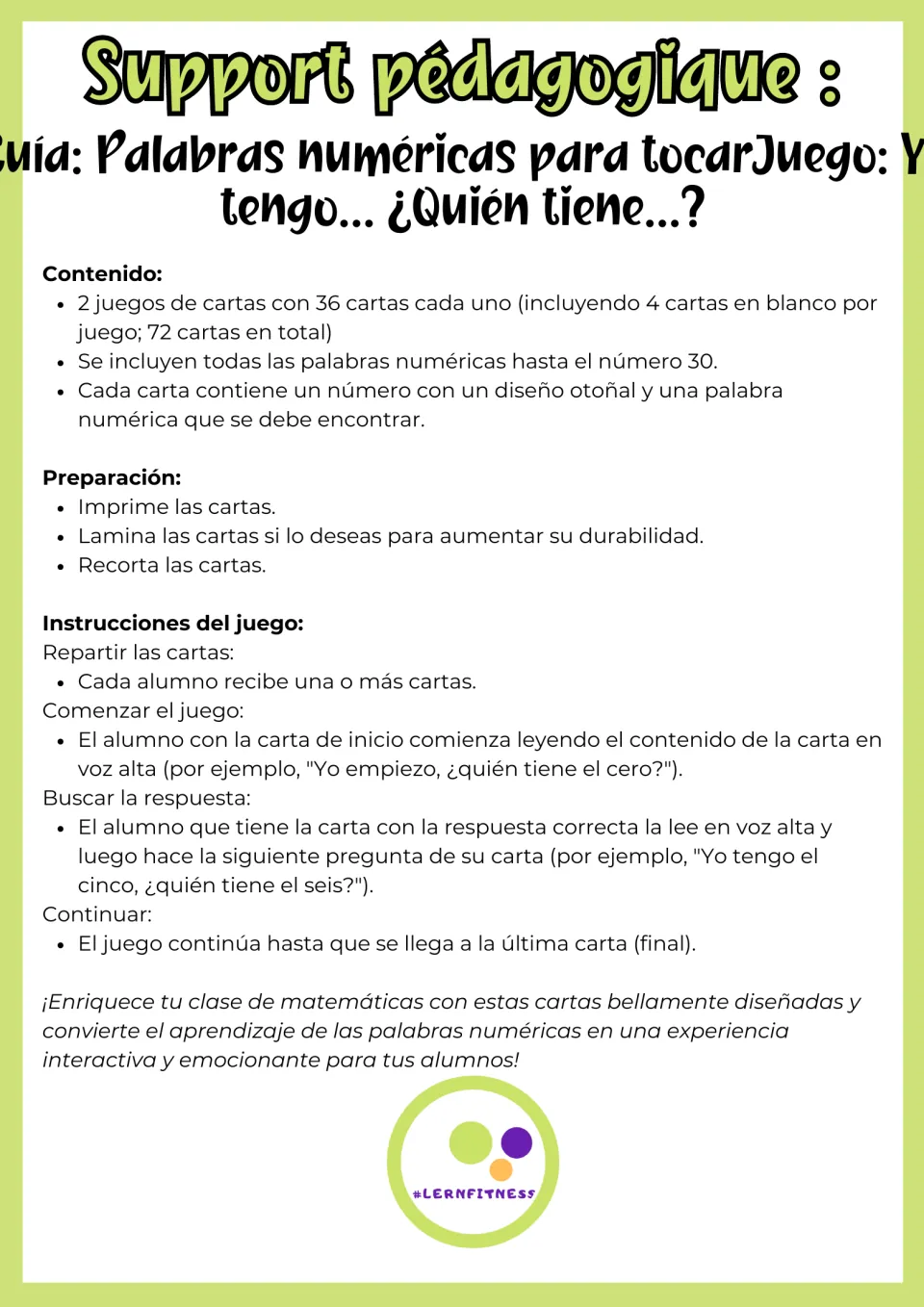 Spanish game instructions list two 36-card sets and explain printing, cutting, dealing, and reading aloud