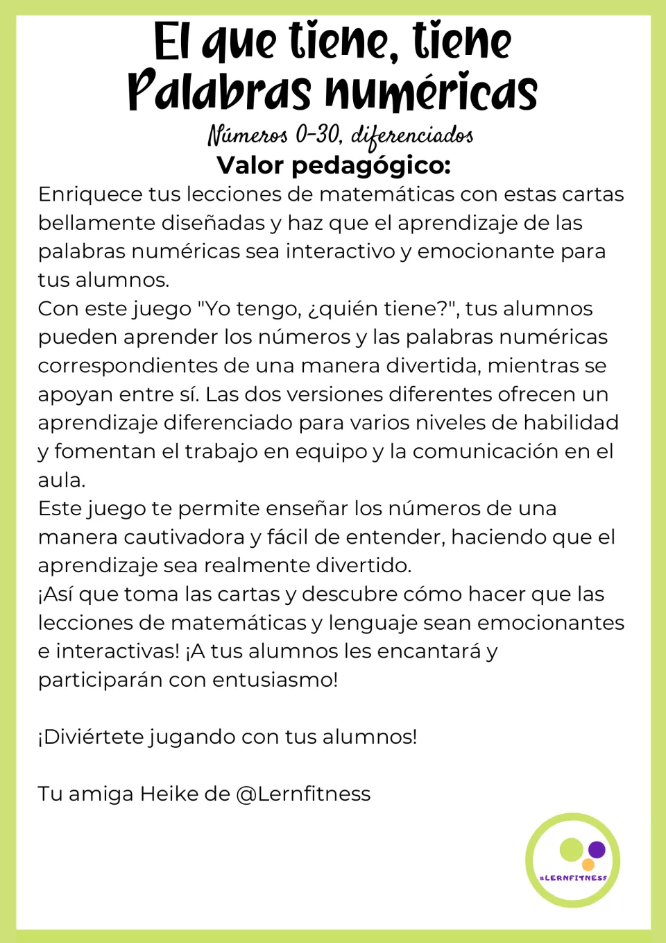 Spanish teaching notes explain number-word practice, two differentiated versions, and classroom teamwork