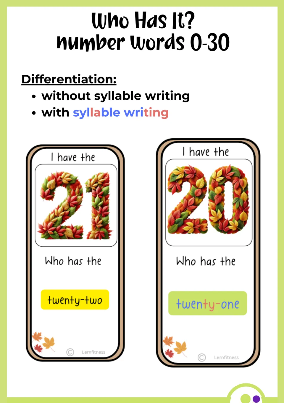 English game version guide shows 21 asking for twenty-two and 20 asking for syllable-colored twenty-one