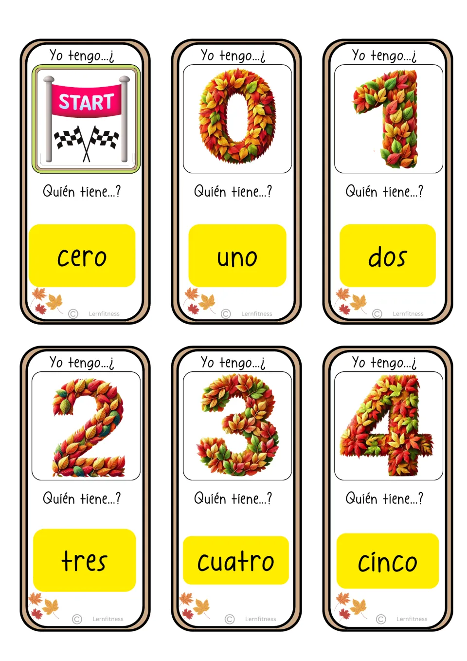 Spanish game cards: start and numerals 0–4, asking for cero (zero) through cinco (five) in standard spelling