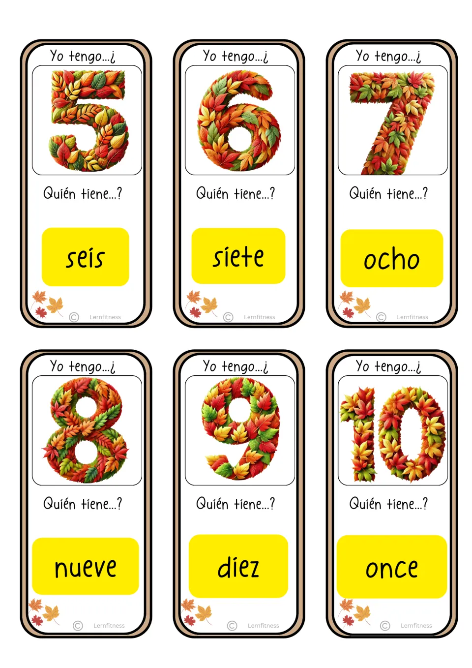 Spanish game cards for numerals 5–10 ask for seis (six) through once (eleven), using standard spelling
