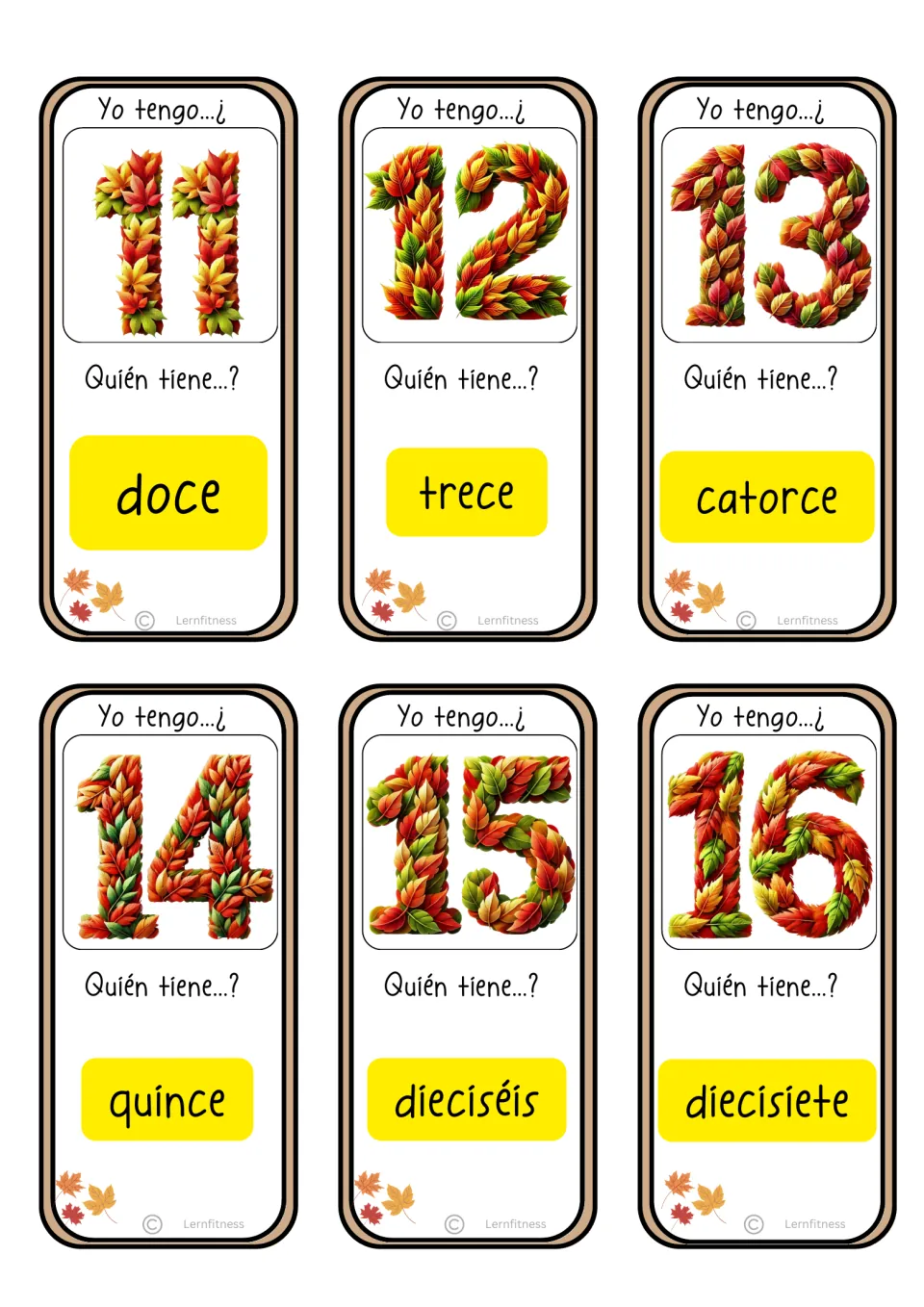 Spanish game cards for numerals 11–16 ask for doce (twelve) through diecisiete (seventeen) in standard spelling
