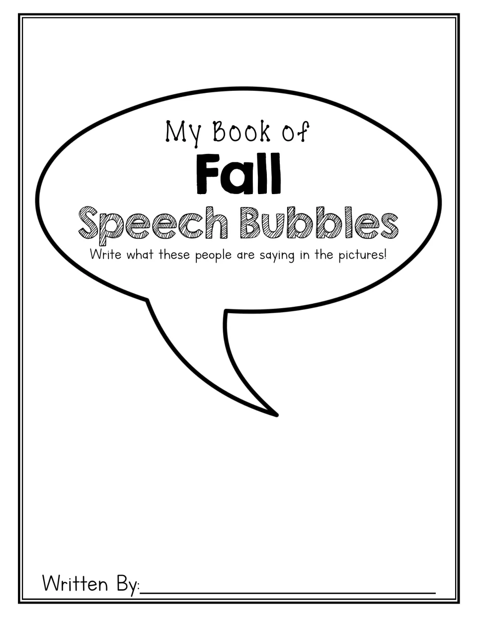 Student book cover labeled “My Book of Fall Speech Bubbles,” with a prompt to write what people are saying