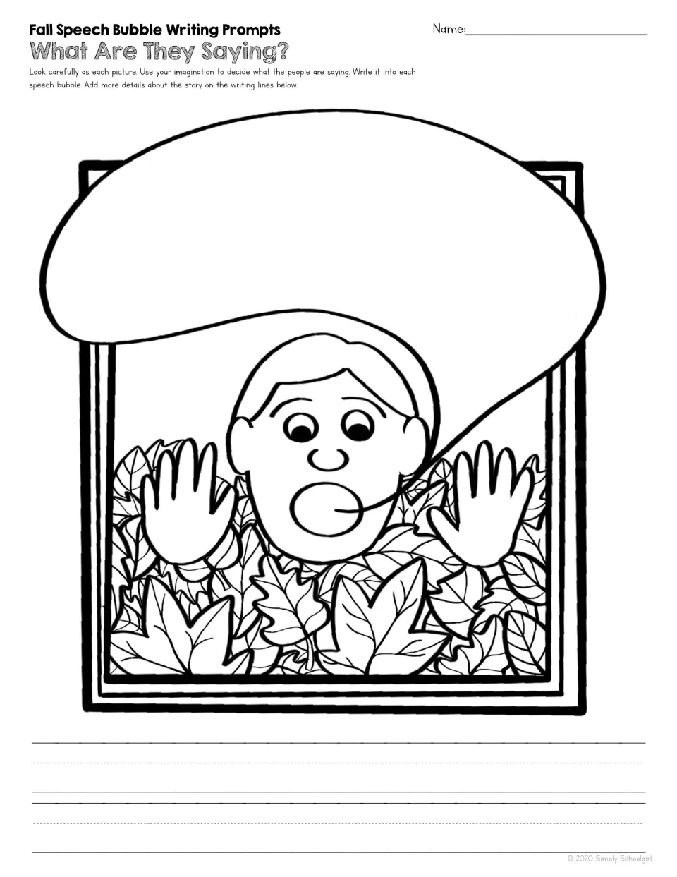 Fall writing prompt 1 of 5: a person surrounded by leaves, with a speech bubble to fill with imagined dialogue