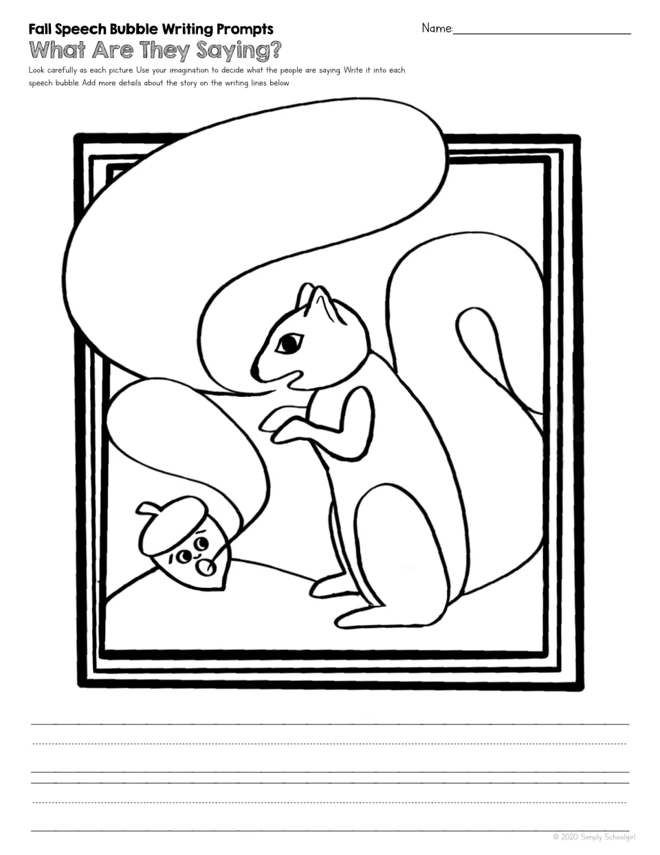 Fall writing prompt 2 of 5: a squirrel and an acorn with a face, each with a speech bubble for dialogue