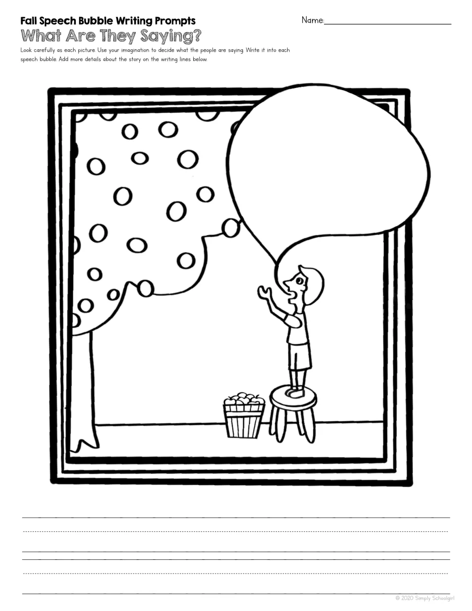 Fall writing prompt 3 of 5: a person on a stool picking apples beside a basket, with a speech bubble to fill