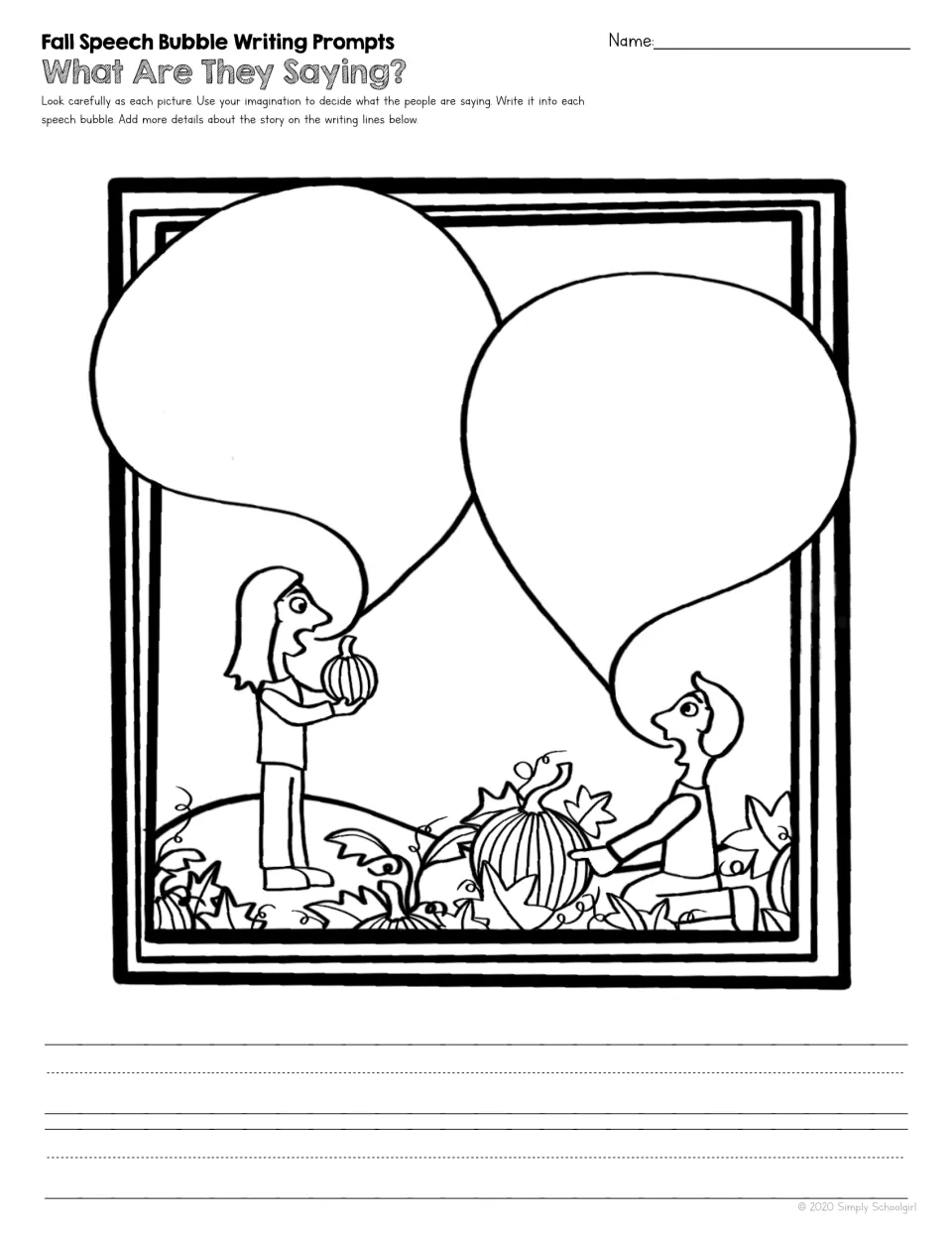 Fall writing prompt 4 of 5: two people picking pumpkins, each with a speech bubble for imagined dialogue