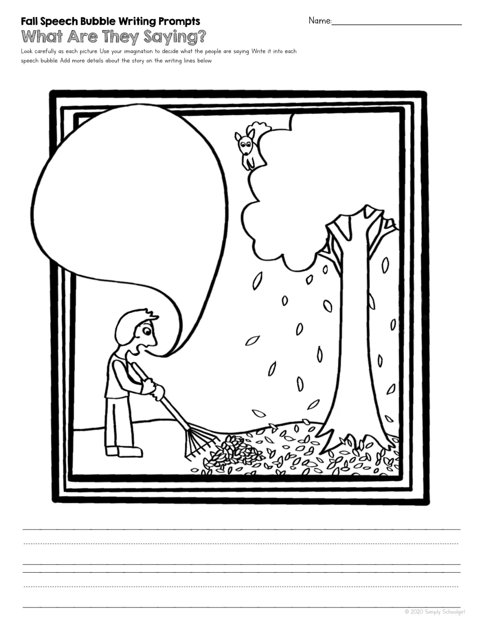 Fall writing prompt 5 of 5: a person raking fallen leaves beneath a tree, with a speech bubble to complete