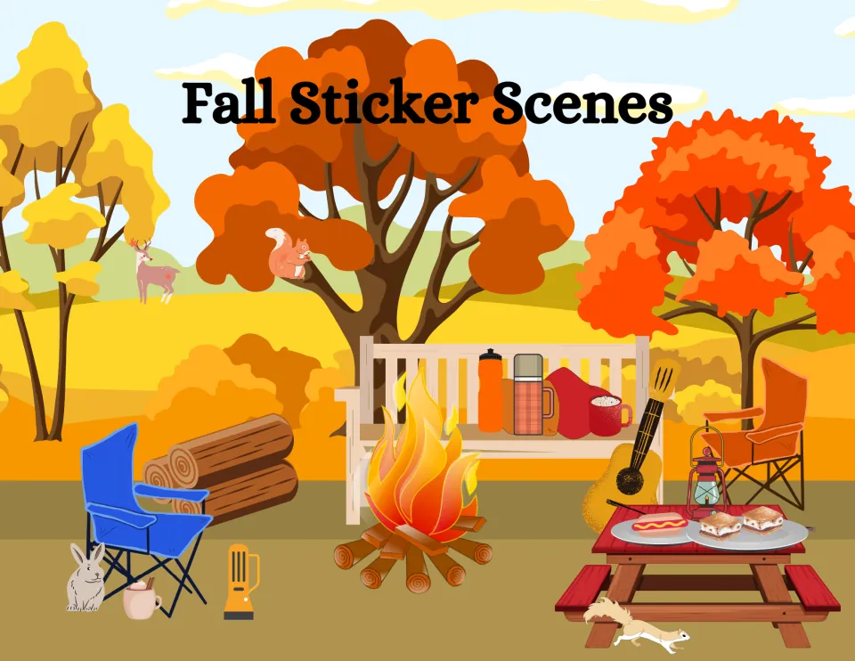 Fall Sticker Scenes cover: autumn campsite with campfire, bench, camp chairs, picnic table, guitar, squirrels and a deer