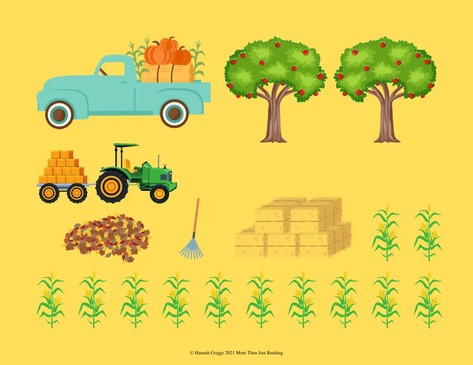 Farm stickers to cut out: pumpkin truck, apple trees, tractor with hay wagon, leaf pile, rake, hay bales and cornstalks