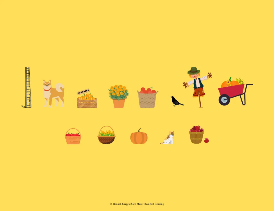 Harvest stickers: ladder, dog, pumpkin crate, mums, apple baskets, crow, scarecrow, wheelbarrow, corn basket and a cat