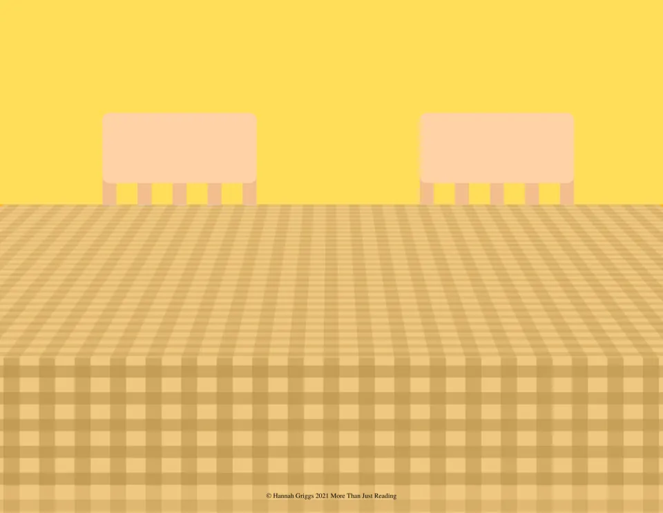Thanksgiving table background: a plaid tablecloth on a long table with two chairs behind it, ready for food stickers