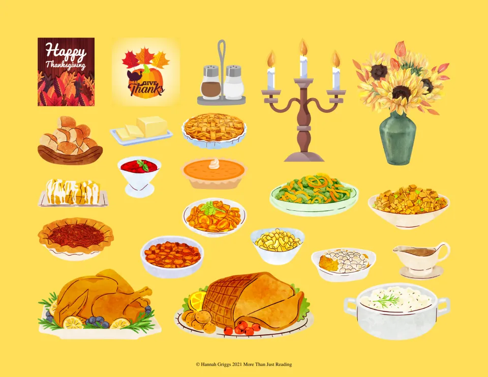 Thanksgiving food stickers: turkey, ham, pies, rolls, butter, sides, gravy, candles, sunflowers and Give Thanks signs