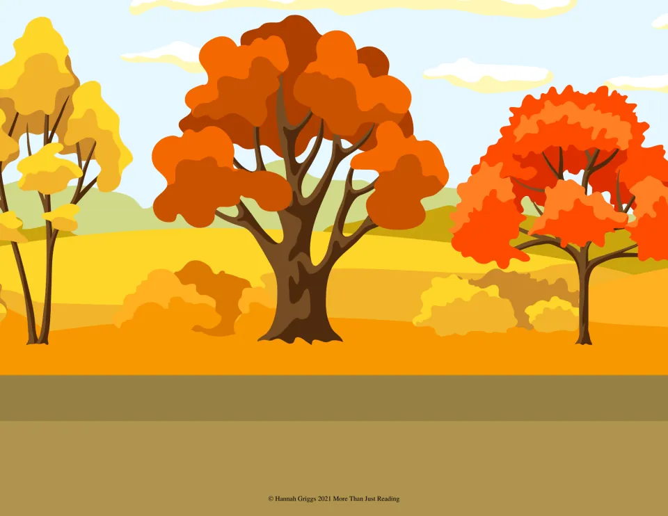 Autumn park background: three large orange and yellow trees over rolling hills with an empty dirt ground for stickers