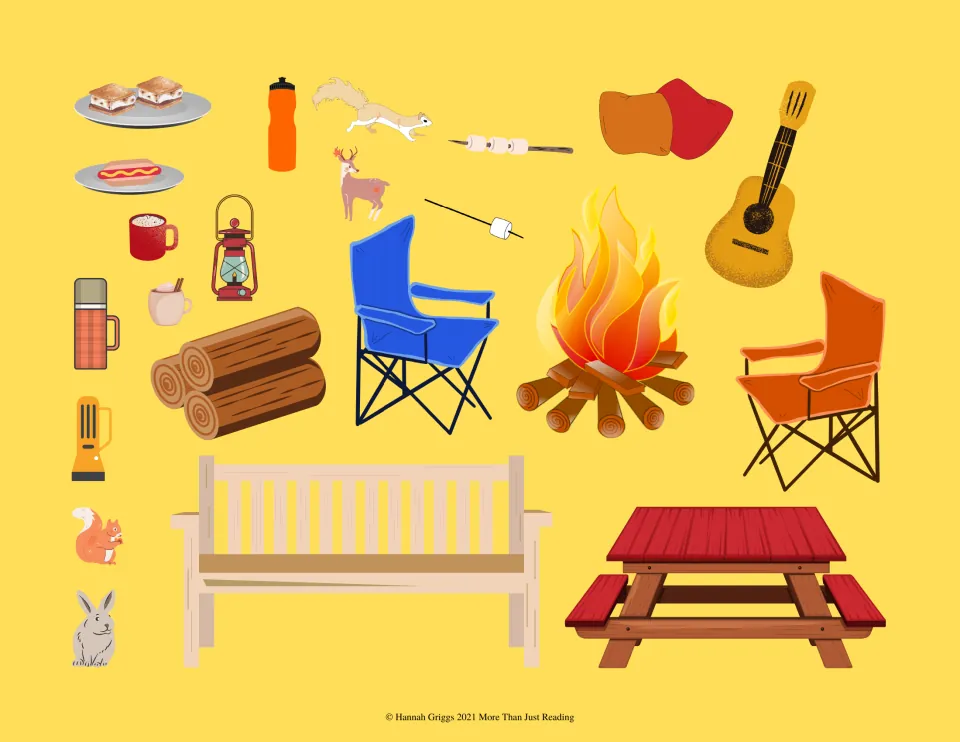 Camping stickers: campfire, camp chairs, bench, picnic table, guitar, lantern, logs, s'mores, hot dog, squirrels and deer