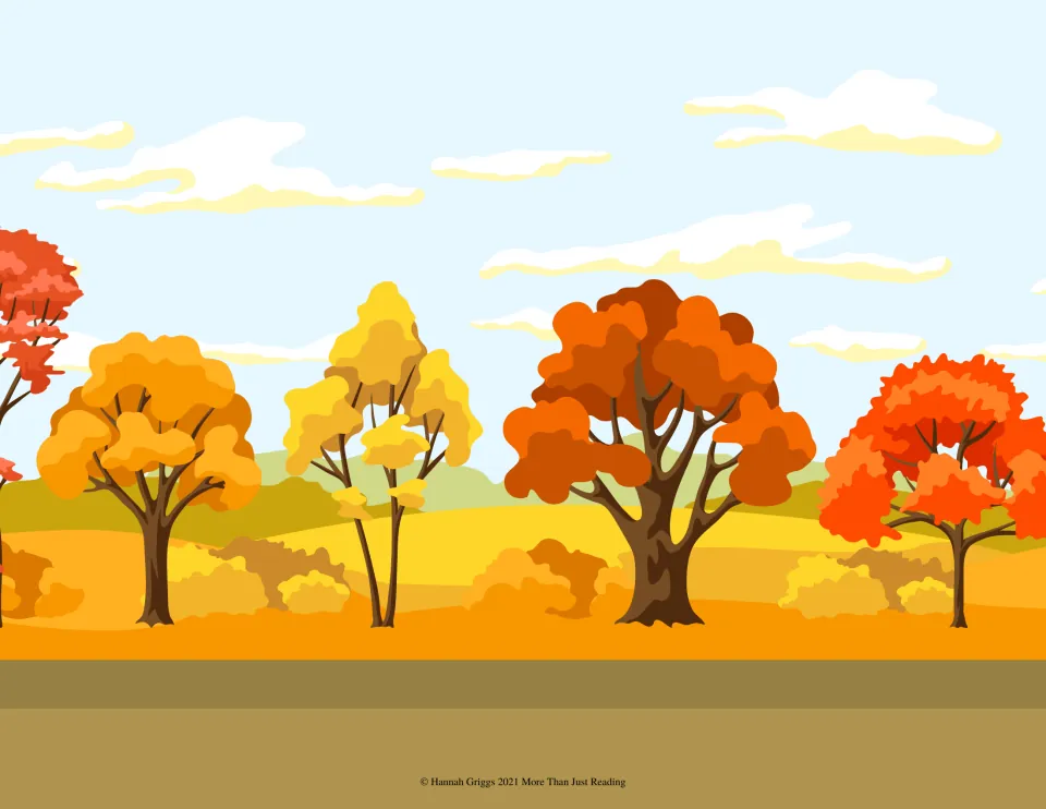 Fall countryside background: five autumn trees and bushes beneath a cloudy sky with a wide strip of ground for stickers