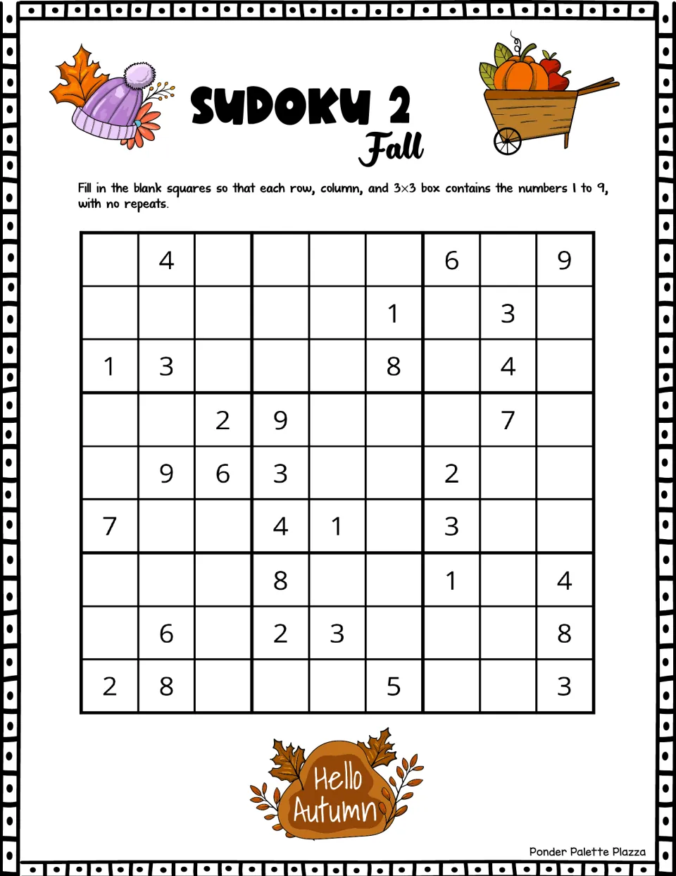 Fall Sudoku 2 number logic puzzle: students complete the 9x9 puzzle with no repeats; first row clues are 4, 6 and 9