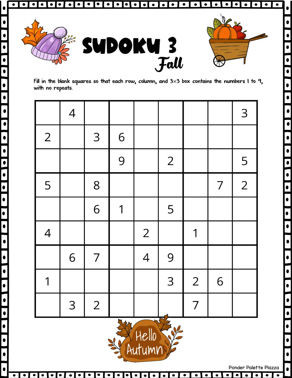 Sudoku 3, fall theme: students fill each blank so rows, columns and 3x3 boxes hold 1 to 9; top row clues are 4 and 3