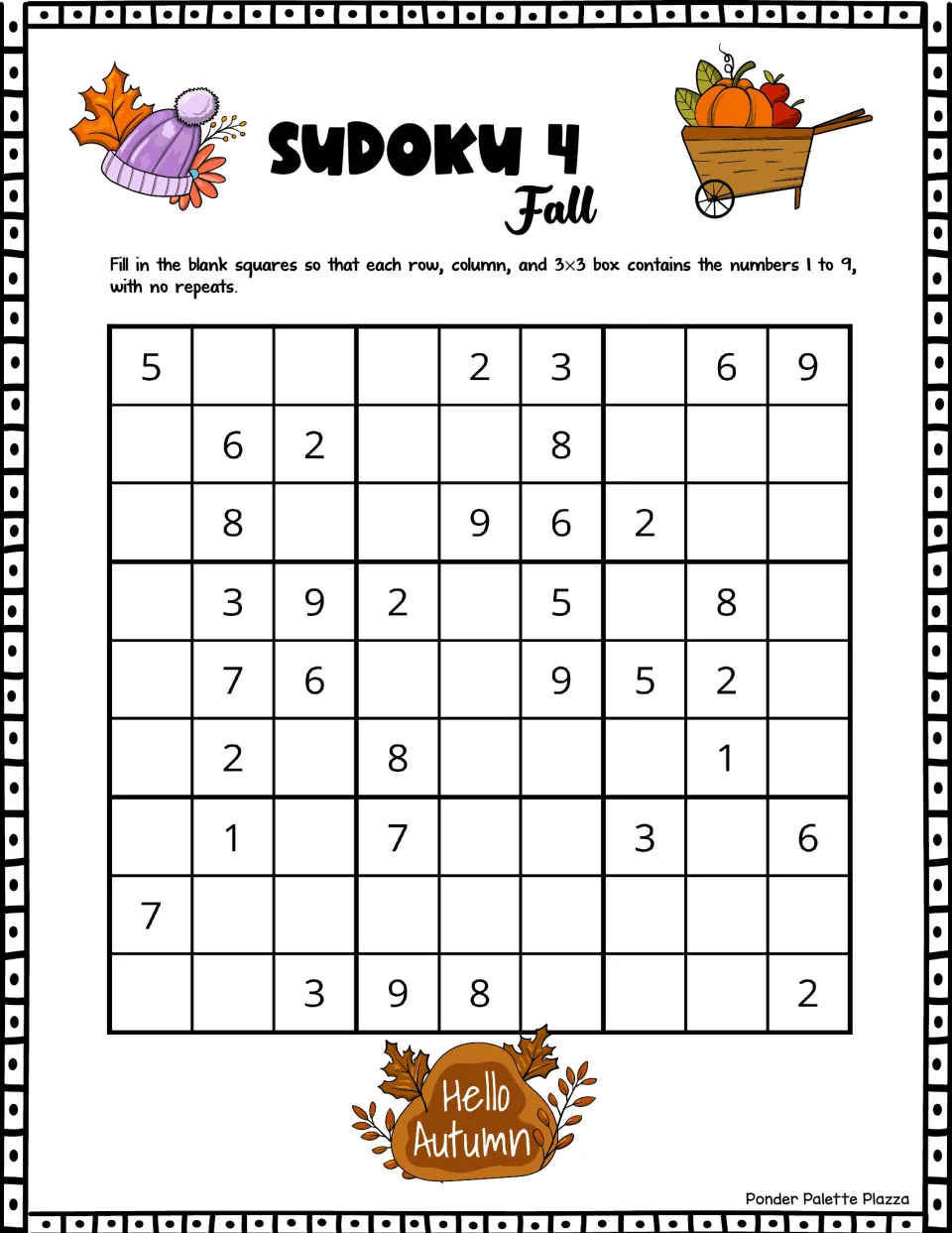Sudoku 4 with autumn hat and pumpkin wheelbarrow art: students solve for missing digits 1 to 9; top row opens 5, 2, 3, 6, 9