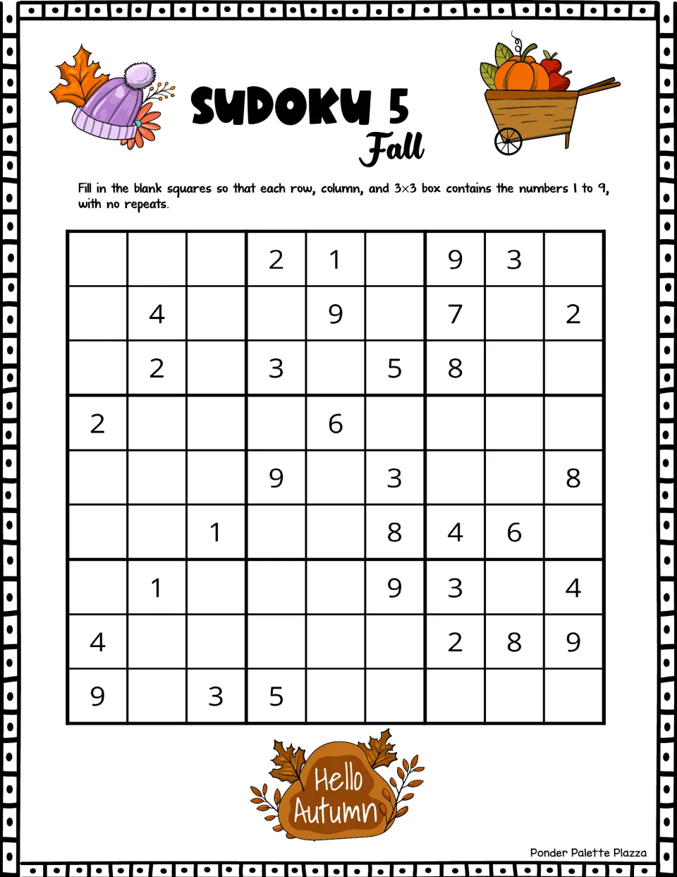 Fall Sudoku 5 logic puzzle: students place digits 1 to 9 without repeats; first row gives 2, 1, 9 and 3 as clues