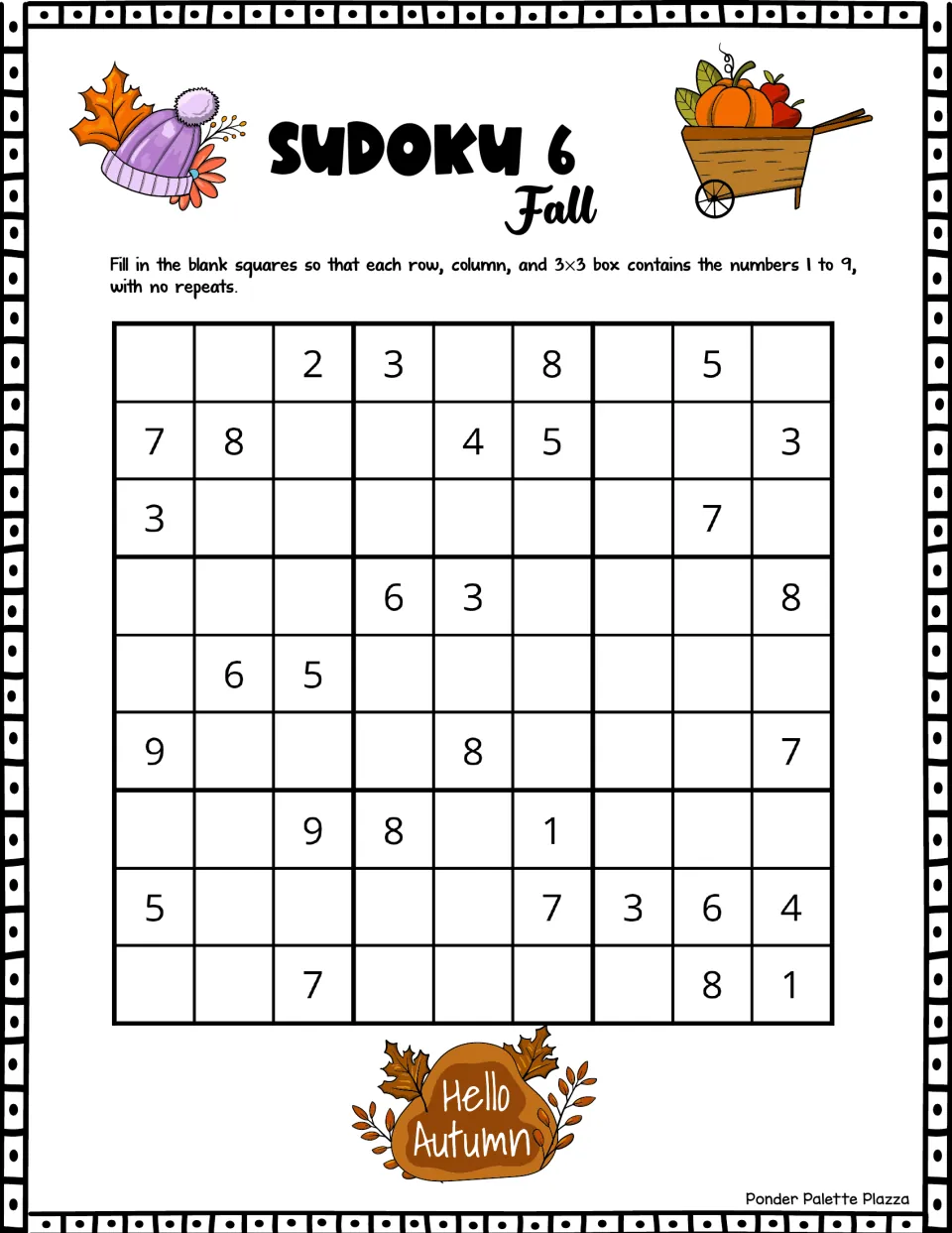 Sudoku 6 for autumn: students reason through missing numbers 1 to 9 in each row, column and box; top clues 2, 3, 8, 5