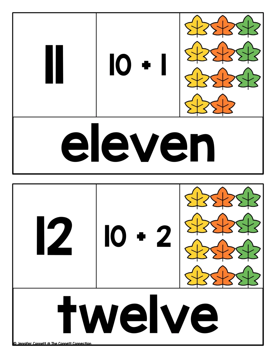 Teen number puzzles for 11 and 12: students match the numeral, 10 + 1 or 10 + 2, a set of fall leaves and the number word