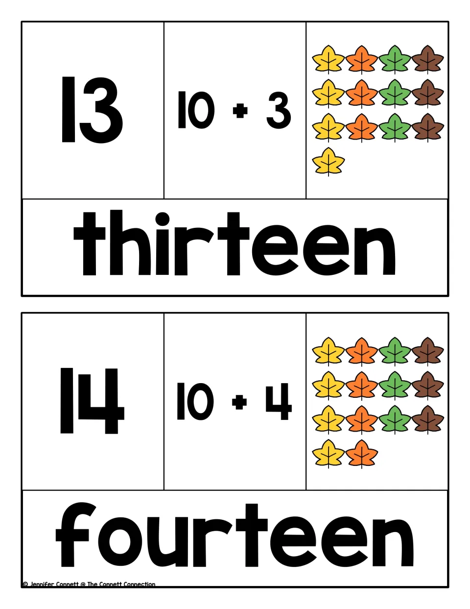 Puzzles for 13 and 14: students join each numeral to 10 + 3 or 10 + 4, a leaf set and the word thirteen or fourteen