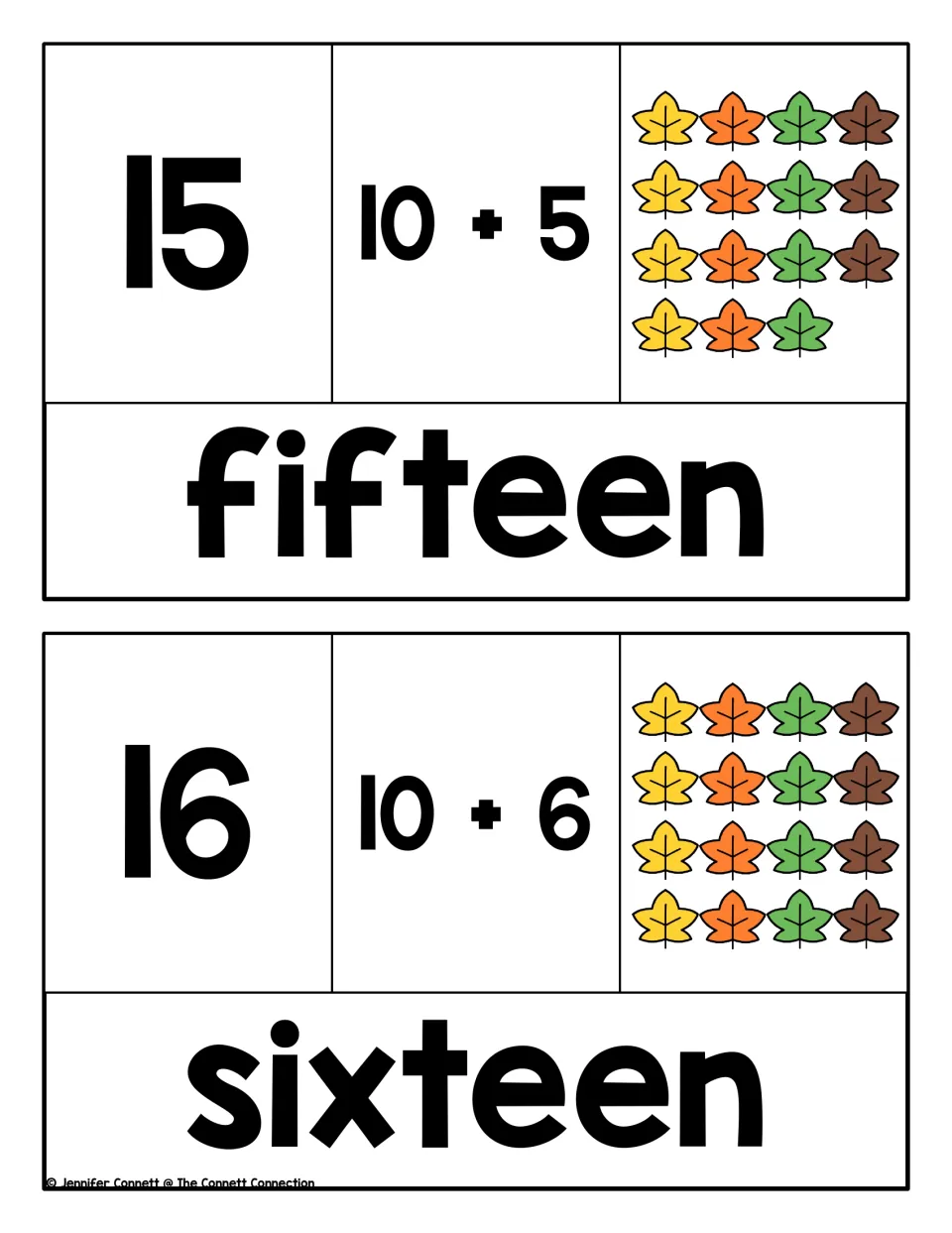 Puzzles for 15 and 16: students match the numeral to 10 + 5 or 10 + 6, counted fall leaves and the word fifteen or sixteen
