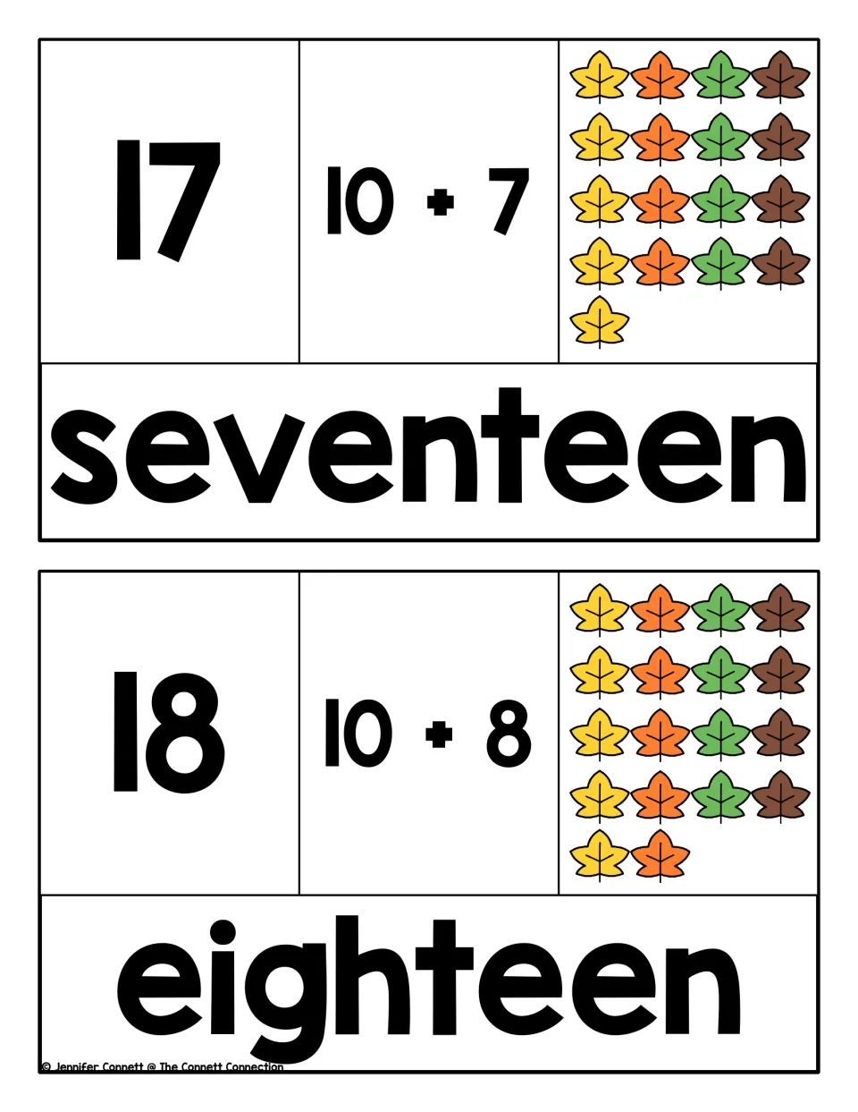 Puzzles for 17 and 18: students pair the numeral with 10 + 7 or 10 + 8, a set of leaves to count and seventeen or eighteen