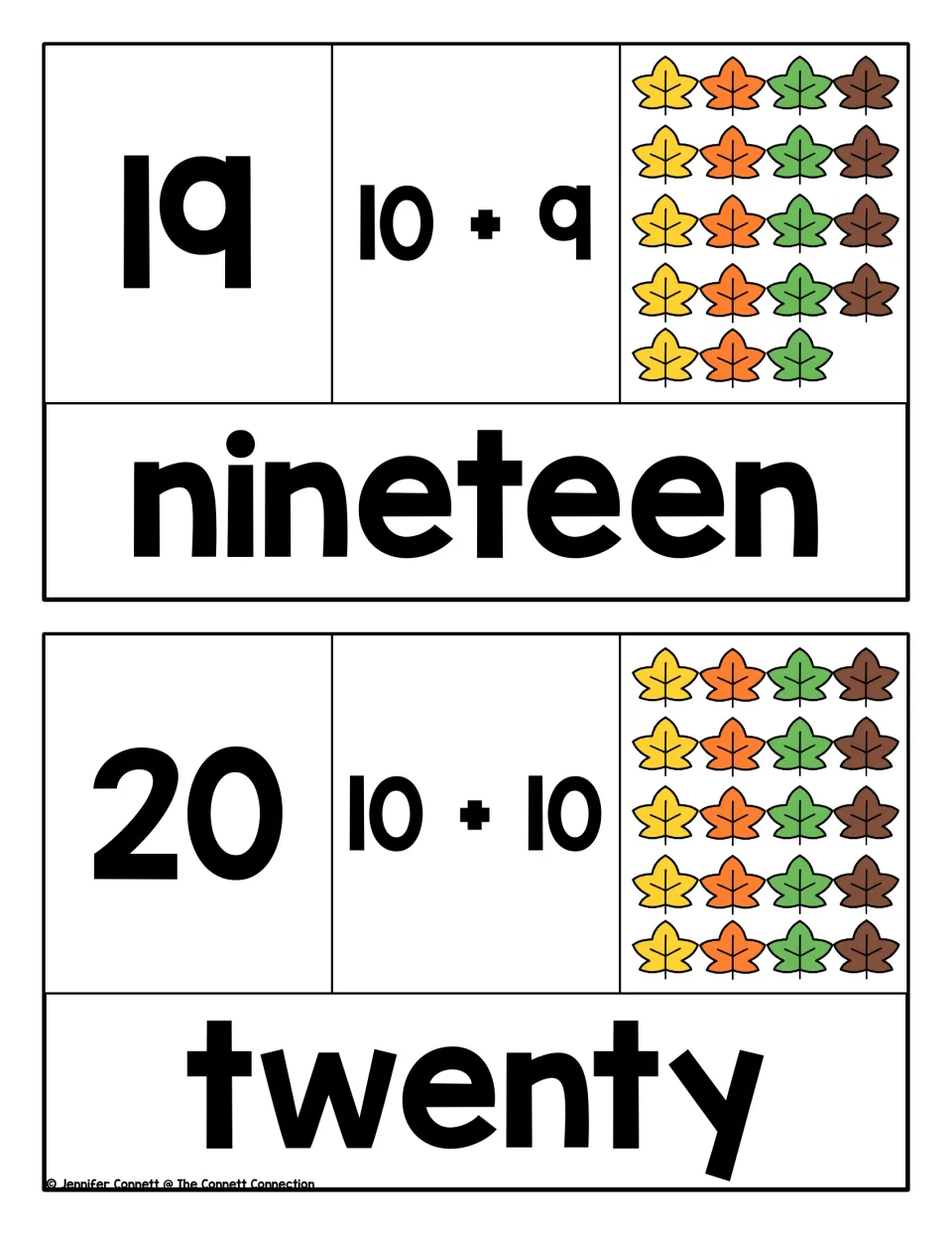 Puzzles for 19 and 20: students match the numeral to 10 + 9 or 10 + 10, a group of leaves and the word nineteen or twenty