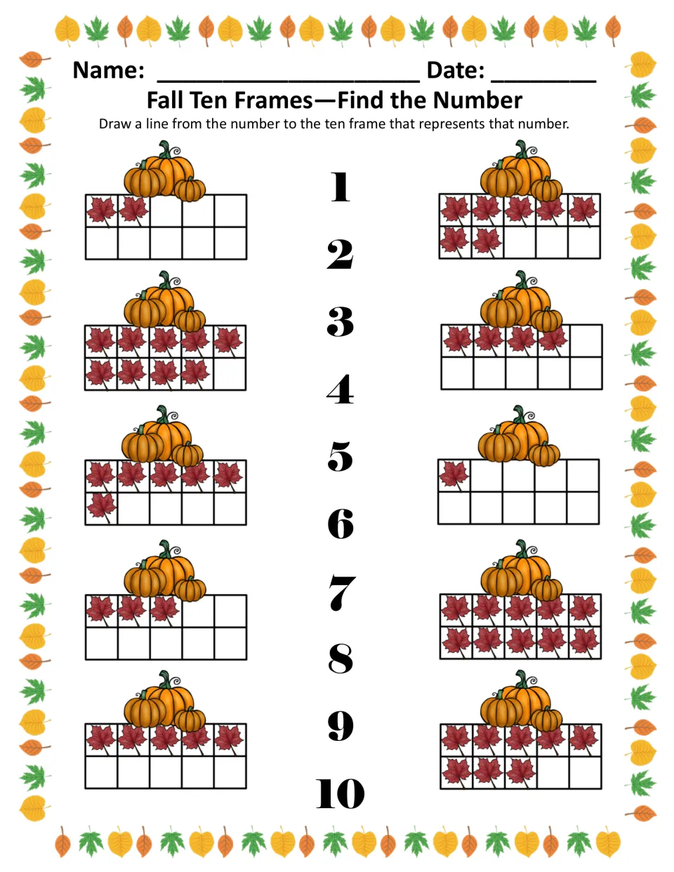 Find the Number, color: students draw lines matching numerals 1 to 10 to ten frames showing that many red maple leaves