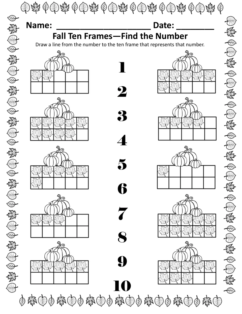 Find the Number, black and white: match numerals 1 to 10 to ten frames of outlined maple leaves to practise counting