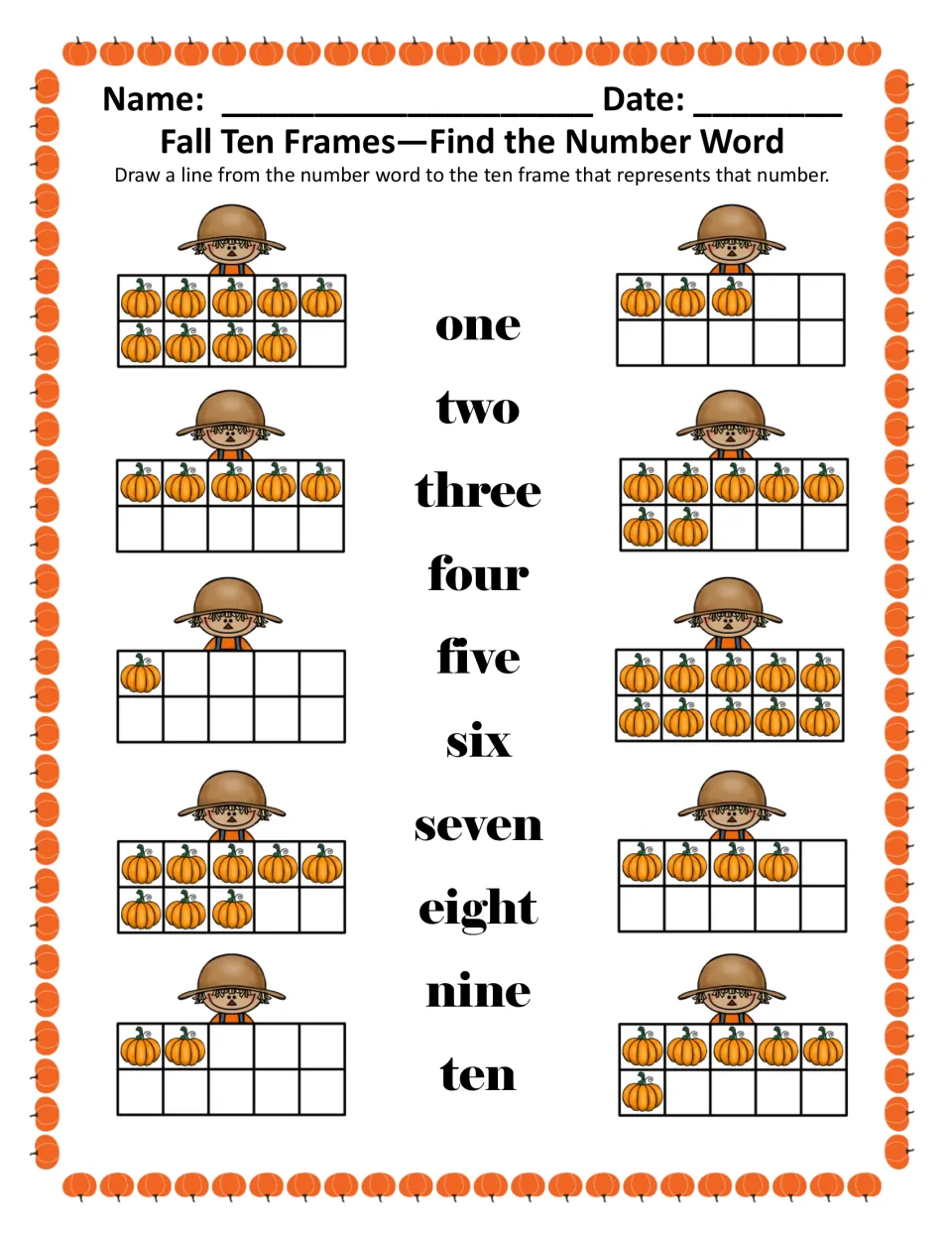 Find the Number Word, color: students draw lines from number words one to ten to ten frames of pumpkins under scarecrows