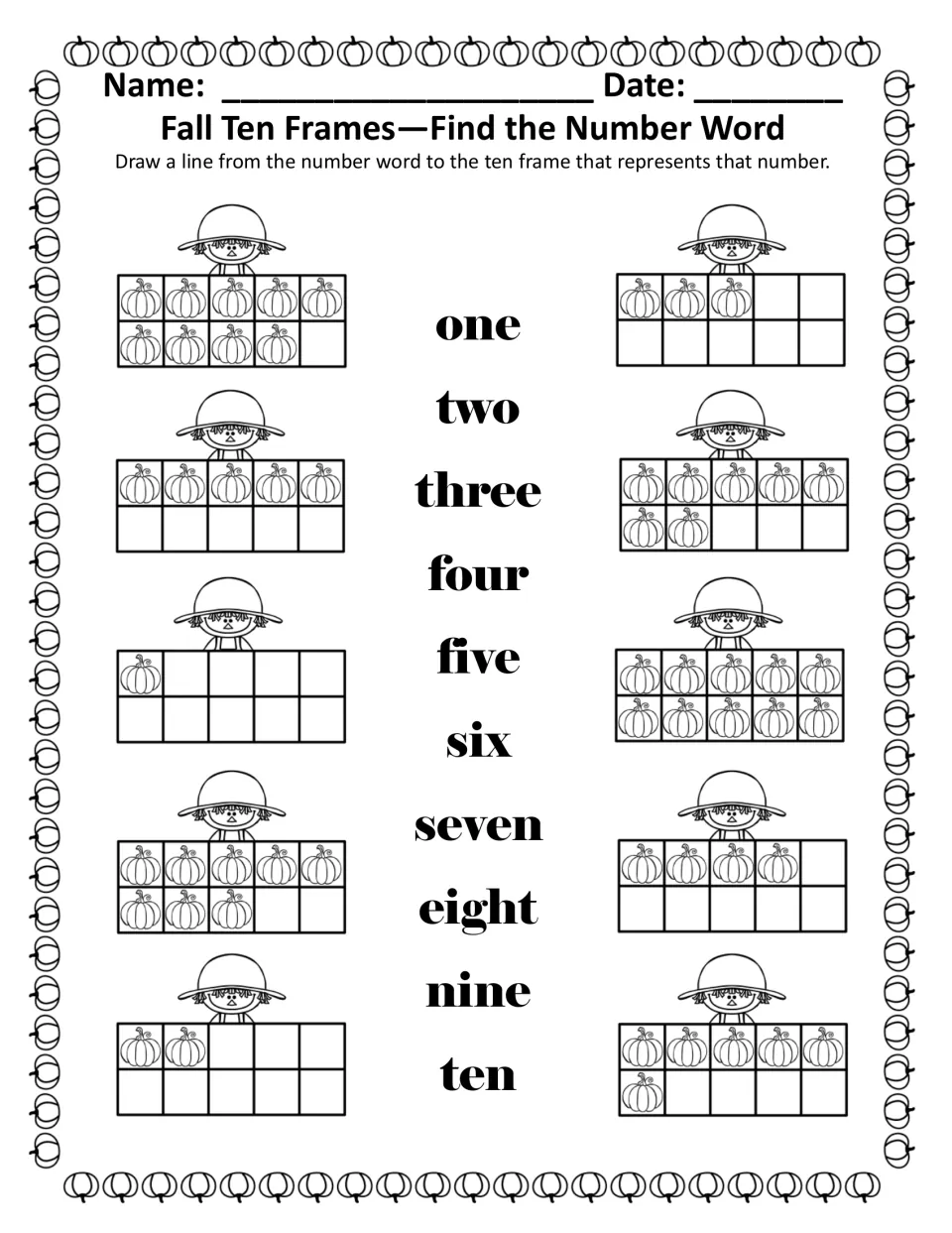 Find the Number Word, black and white: match the words one through ten to scarecrow ten frames holding outlined pumpkins
