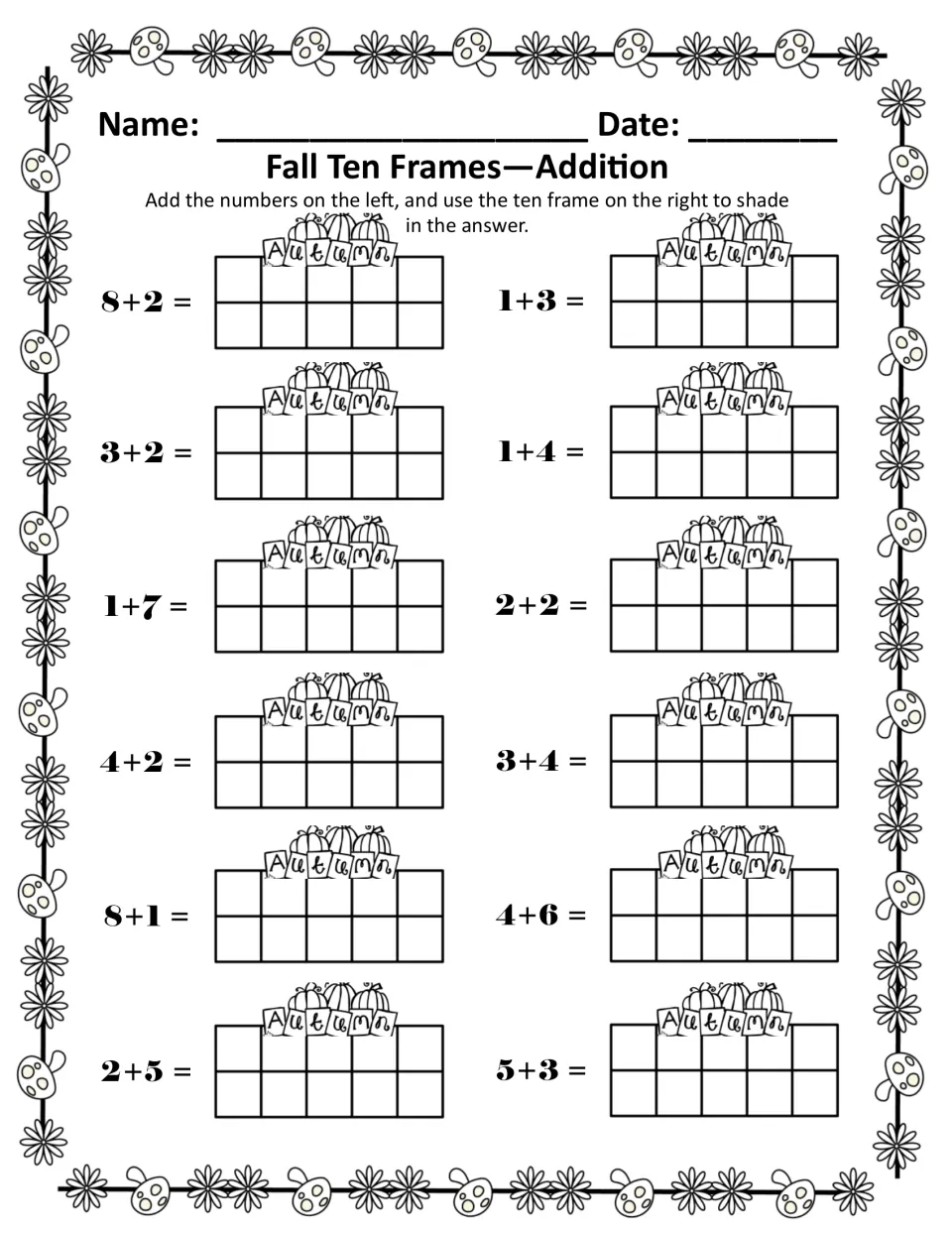 Addition, black and white: same 12 sums from 8+2 to 5+3, with students shading each total in an empty ten frame
