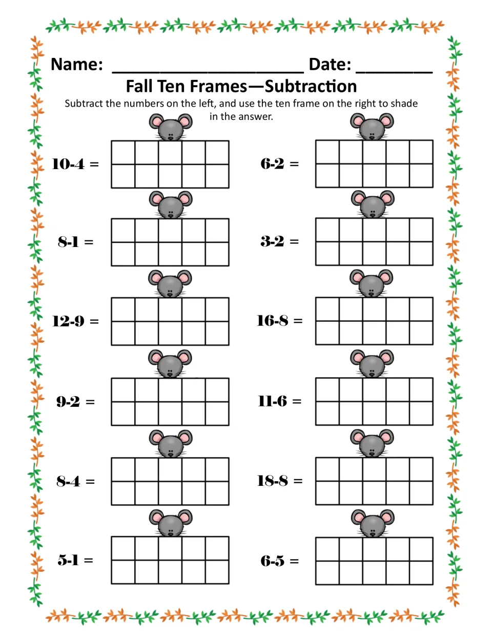 Subtraction, color: students solve 12 problems like 10-4, 12-9 and 18-8, shading each difference in a ten frame