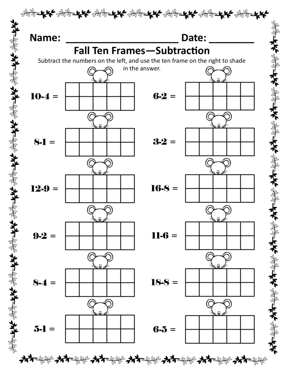 Subtraction, black and white: same 12 problems from 10-4 to 6-5, with each difference shaded in a mouse-topped ten frame