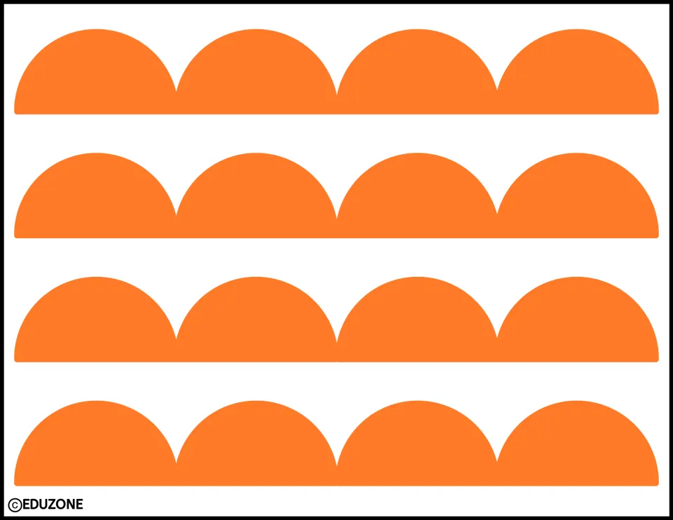 Smaller orange scallops: four strips with four orange scallops each, cut out and lined up end to end around the display