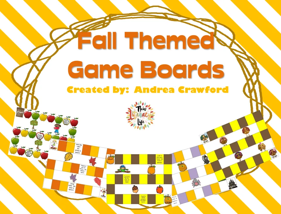 Fall Themed Game Boards cover by Andrea Crawford showing five board previews: apples, leaves, Halloween, pumpkins, turkeys