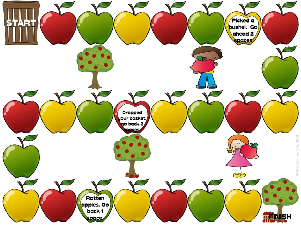 Apple picking board game: players move from a basket START along apples; spaces say picked a bushel or rotten apples