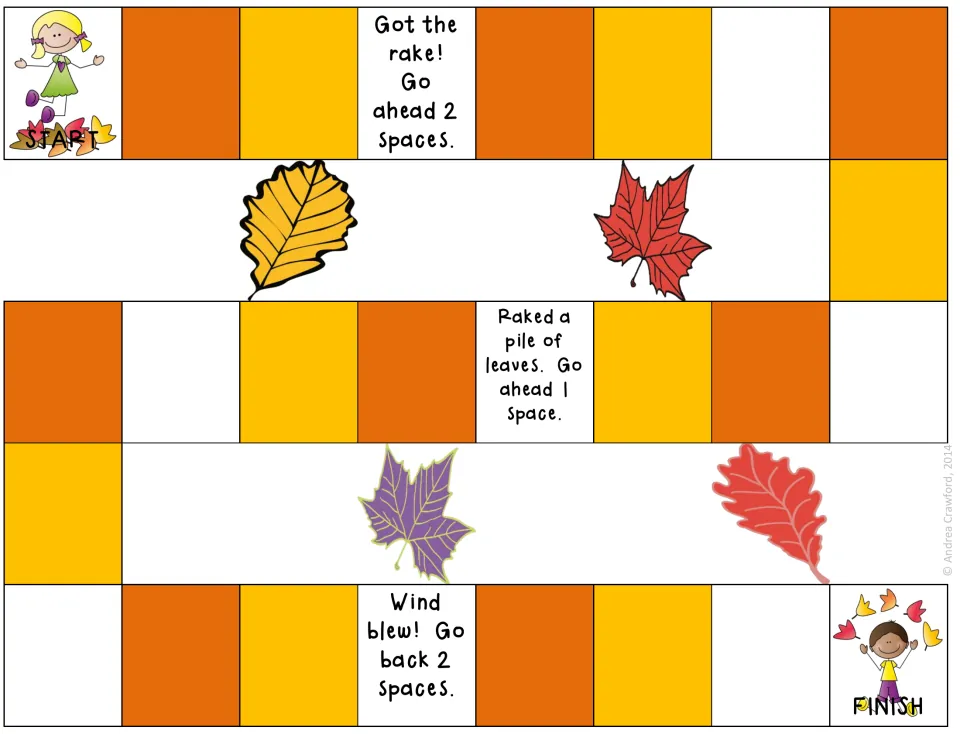 Fall leaves board game: players race from START to FINISH; spaces say Got the rake, Raked a pile of leaves or Wind blew